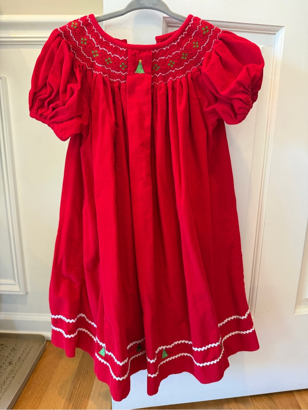 Red Smocked Holiday Dress with Tree Embroidery